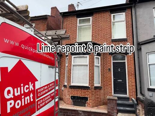 Quick Point van outside a Manchester terrace mid-restoration - lime repoint and paint strip